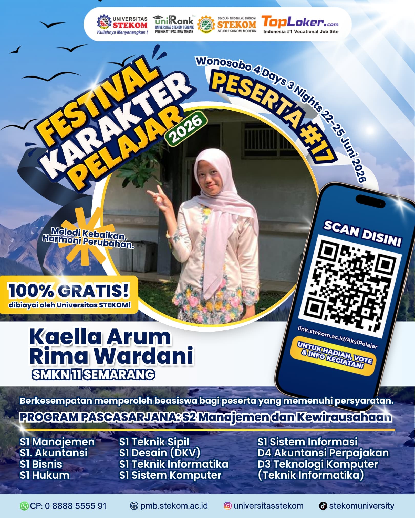 Kaella Arum Rima Wardani Lolos Festival Karakter Pelajar 2026 Universitas Stekom, Tunjukkan Prestasi dan Karakter Unggul