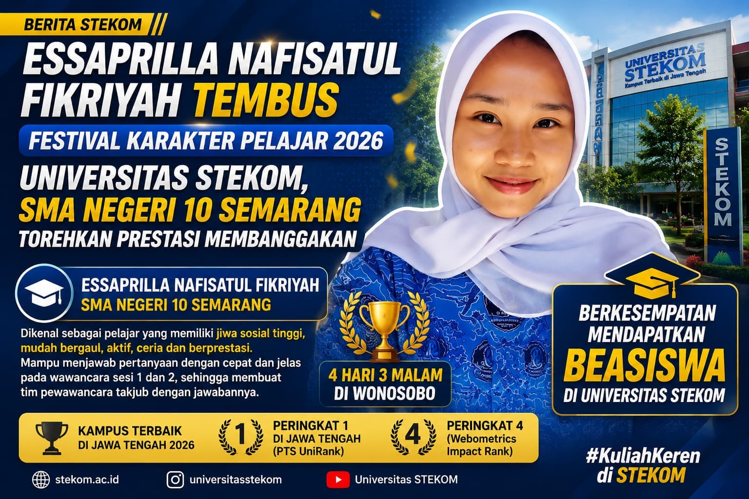 Essaprilla Nafisatul Fikriyah Tembus Festival Karakter Pelajar 2026 Universitas STEKOM, SMA Negeri 10 Semarang Torehkan Prestasi Membanggakan