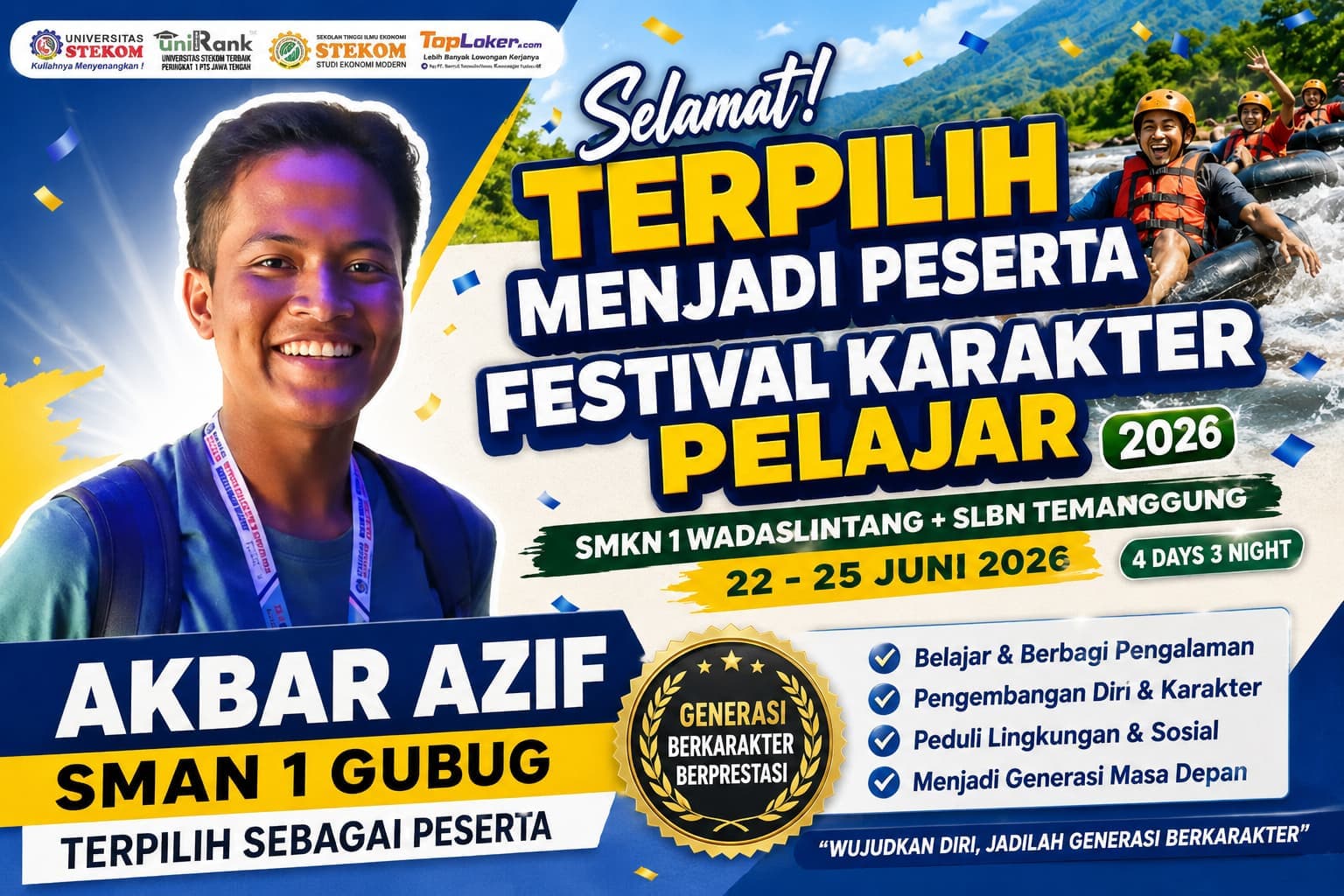 Akbar Azif SMAN 1 GUBUG Terpilih Mengikuti Festival Karakter Pelajar Universitas STEKOM 2026